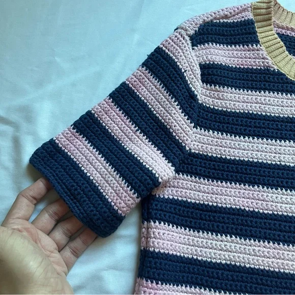 STAUD pink navy striped chunky knit crew neck short sleeve sweater top - Picture 2 of 6